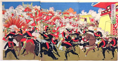 Zuřivé boje mezi japonskými a čínskými jednotkami v čínském městě, epizoda z čínsko-japonské války, konec 19. století (barevný dřevořez) od Japanese School