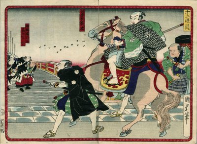 Skupina samurajů na mostě (včetně koně) - v „“ Pomsta 47 róninů““ 19. století: Serie de Kabouki od Japanese School