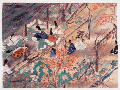 Heian státník a básník Sugawara Michizane (845-903), známý jako Tenjin-San (nebeský duch), v exilu ve svatyni Kitano Tenman-Gu v Kjótu rozděluje oblečení darované někdejším císařem, Fujiwara Nobuzane (1176-1268), Kamakura období (1185-1333), Japonsko od Japanese School