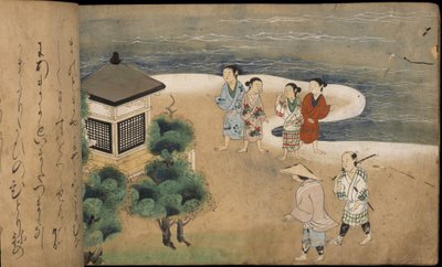 Japonští muži u pagody, ilustrace z „Taishokkan“ (inkoust a barva na papíře) od Japanese School