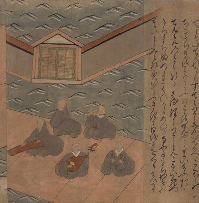 Japonští hudebníci, ilustrace z „Taishokkan“ (inkoust a barva na papíře) od Japanese School