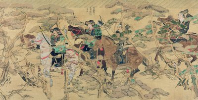 Japonští vojáci na koni přes borový les během mongolské invaze do Japonska v roce 1274, ilustrace z časopisu Kokka, květen 1921 od Japanese School
