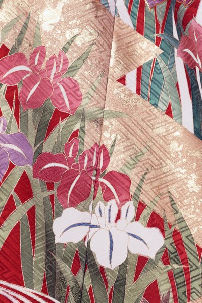 Kimono Furisode (vlnící rukávy), které nosí mladé neprovdané ženy při elegantních příležitostech a Maiko (učeň Gejša), Hladké hedvábí, motivy Hinpaku, kosatec, detail, barvení Kaga-Yuzen, tkalcovny Tokamachi, japonská civilizace, 20. století od Japanese School