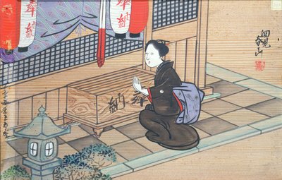 Dáma modlící se v šintoistickém chrámu (kvaš na dřevě) od Japanese School