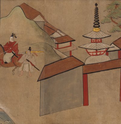 Muž na koni poblíž pagody, ilustrace z „Taishokkan“ (inkoust a barva na papíře) od Japanese School