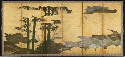 Měsíční bambusový háj, počátek 16. století (Pár šesti deskových paravánů; tuš, barva a zlato)
na papíře) od Japanese School