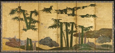 Moonlit Bamboo Grove, počátek 16. století (pár šesti panelových obrazovek; inkoust, barva a zlato na papíře) od Japanese School