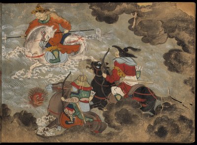 Vojáci na koních bojující s démony, ilustrace z „Taishokkan“ (inkoust a barva na papíře) od Japanese School