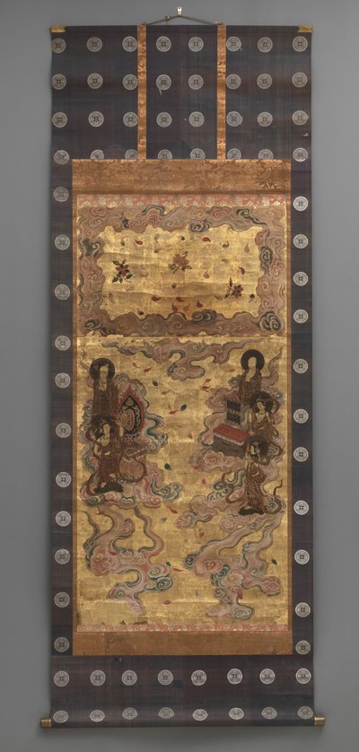 Nástěnná malba: Sestup pětadvaceti bódhisattvové (služebníci triády Amitabha), 18. století (Triptych závěsné svitky: inkoust, barva a zlato list na papíře, mosaz) od Japanese School