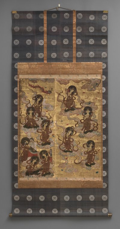 Nástěnná malba: Sestup pětadvaceti bódhisattvové (služebníci triády Amitabha), 18. století (Triptych závěsné svitky: inkoust, barva a zlato list na papíře, mosaz) od Japanese School
