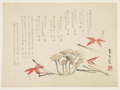 Houby, javorové listy a jehličí (barevný dřevotisk) od Japanese School