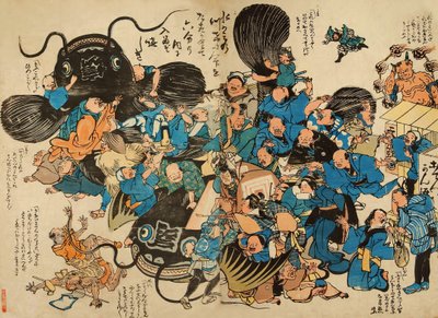 Namazu napadeni rolníky (barevný dřevotisk) od Japanese School