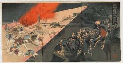 Noční bitva u Pingyangu, éra Meidži, 1894 (barevný dřevořez) od Japanese School