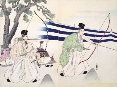 Šlechtici cvičí lukostřelbu (detail viz 255314), 19. století, z alba dřevořezů, barevný dřevotisk od Japanese School