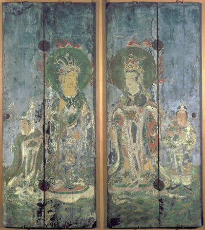 Jedna z páru dveří svatyně, zobrazující Brahmu a Indru nebo Bontena a Taishakutena, období Muromachi (polychromované a zlacené dřevo přes lak) od Japanese School
