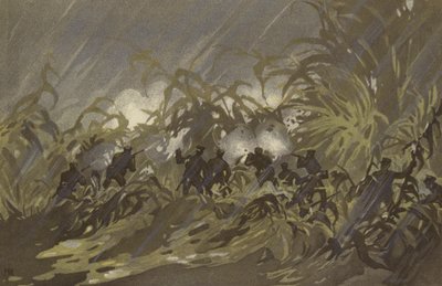 Naši vojáci pěchoty se potýkají na prosném poli poblíž Liao-jang (chromolitho) od Japanese School