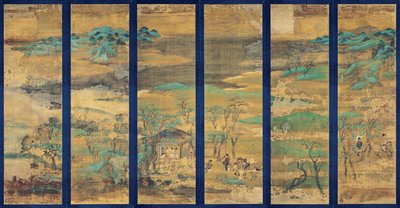 Paysage (Landscape) Obrazovka v šesti panelech - Anonymní dílo, kvaš na hedvábí od Japanese School