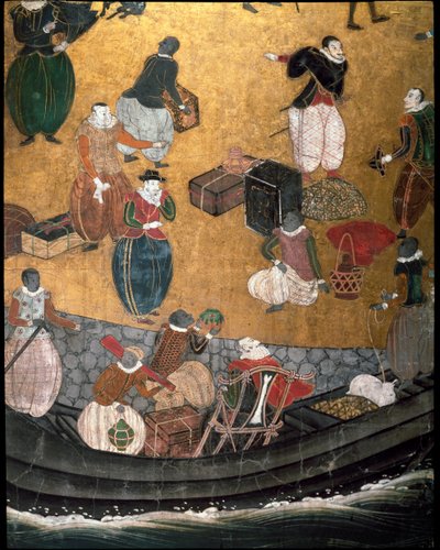 „Portugalská“ obrazovka představující příchod jezuitských portugalských misionářů do Japonska v 16. století - 1590-1614 - Detail představující kůru potravin - Nambanská škola od Japanese School