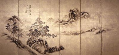 Recto: Landscape After Mi Fei, c.1810 (inkoust na zlatém listu) od Japanese School