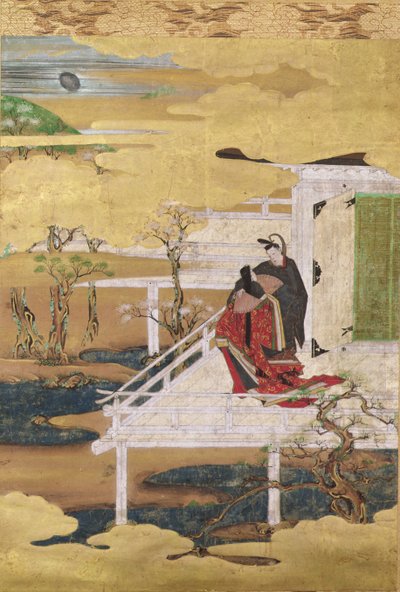 Scéna z Příběhu Genjiho (barva inkoustu a plátek zlata na papíře) od Japanese School