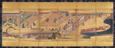 Šestinásobná obrazovka s Noh Play Funa-Benkei, c.1660 (barva, gofun, inkoust a zlato na papíře) od Japanese School