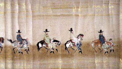 Šesté korejské velvyslanectví v Japonsku v Meireki 1 v době nástupnictví Tokugawy Ietsuny v roce 1651, pravděpodobně Kano Masunobu (1625-94) (svitek) (detail) od Japanese School