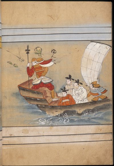 Voják a vyslanci ve člunu, ilustrace z „Taishokkan“ (inkoust a barva na papíře) od Japanese School