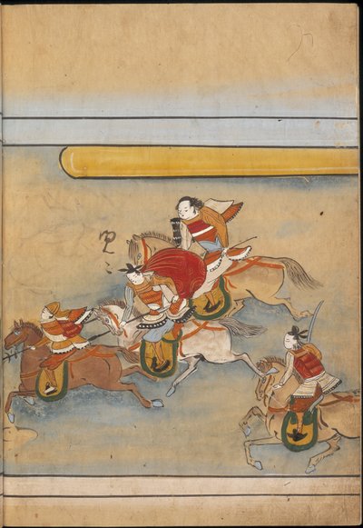 Vojáci na koních, ilustrace z „Taishokkan“ (inkoust a barva na papíře) od Japanese School