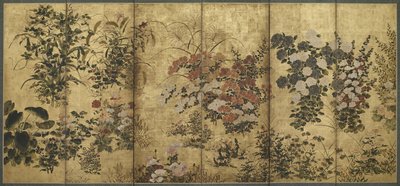 Letní a podzimní květiny, období Edo, 1615-68 (barva přes zlatý papír) od Japanese School