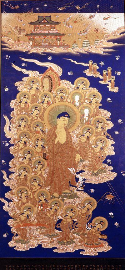 Amida Buddha sestupuje z nebe, je to japonské jméno Amitabha Buddha. Obraz školy Yamato - E 16. století. Janov, Museo Chiossone. od Japanese School