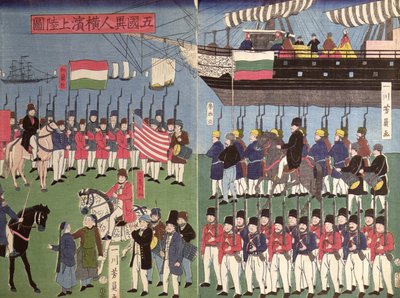 Příjezd eskadry komodora Perryho do japonského přístavu v roce 1853 (barevný dřevořez) od Japanese School