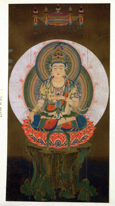 Bódhisattva Akashagarba držící v levé ruce drahokam Cintamani (dávající přání) sedící na lotosu, ilustrace podle kakemona z 9. století z chrámu Daigo, publikované v Th od Japanese School