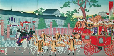 Císař Mutsuhito (1852-1912) se vrací do svého paláce v Tokiu, konec 19. století (barevný dřevořez) od Japanese School