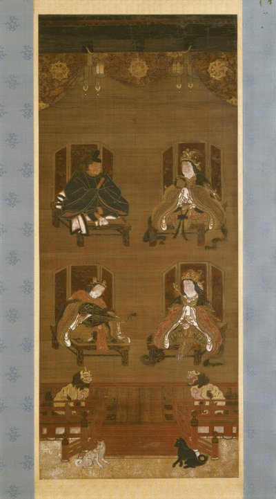 Čtyři božstva chrámového komplexu K?yasan, konec 14. století, Nanbokuch? období (1336–92), závěsný svitek (inkoust, barva a zlato na hedvábí) od Japanese School