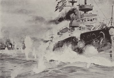 Mikasa statečně bojující proti ruské eskadře u Port Arthuru 10. srpna (litho) od Japanese School