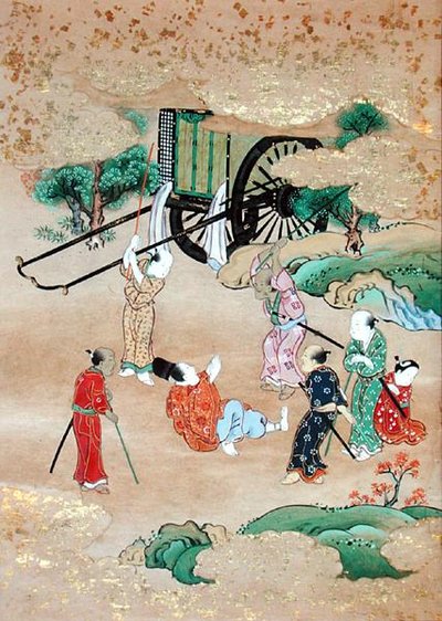 Mnich Shogaku (1126-1235) napadený bandity (akvarel na papíře) od Japanese School