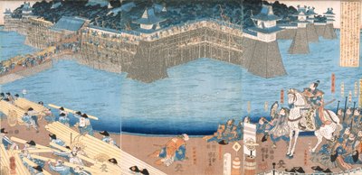 Triptych zobrazující pevnost postavenou u řeky Kunigos, období Edo 1603–1868. od Japanese School