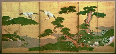 Dva jeřáby potápějící se za borovicí a skalním lesem, období Edo od Japanese School