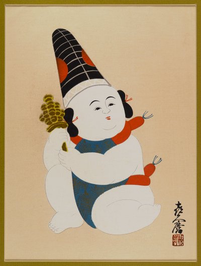 Bez názvu (sedící chlapec, nosí klobouk a drží hračku) (barevný tisk ze dřeva) od Japanese School