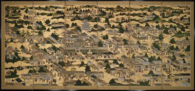 Pohledy na Kjóto a okolí (Rakuchu rakugai zu), cca 1616-24 (tuš, barva a plátkové zlato na papíře) od Japanese School
