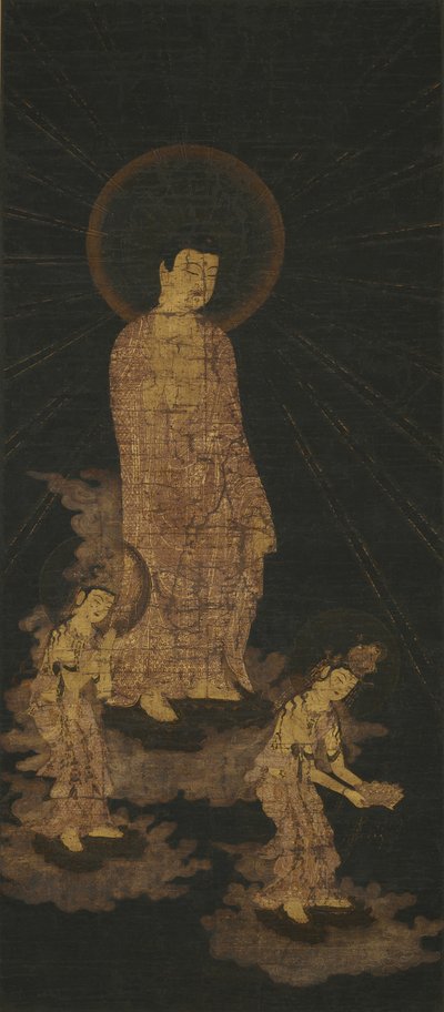 Uvítací sestup triády Amida Buddha (zlato a barva na hedvábí barveném indigem) od Japanese School