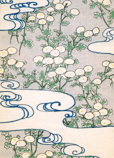 barevný dřevotisk Blooming Vines a Wave Pattern od Japanese School