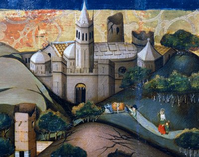 Krajina s biskupským kostelem, detail z Útěk do Egypta, oltářní obraz z Verdu od Jaume Ferrer