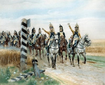 Hraniční sloupek, 23. dračí akvarel od Edouarda Detaillea (1848-1912). 19. století. Paříž, Musee de l