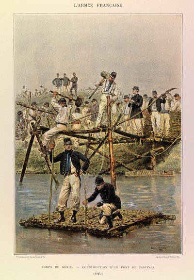 Typy a uniformy francouzské armády kapitána Julese Richarda, ilustrované Edouardem Detaillem (1848-1912): Corps de Genie; Stavba mostu fascines v roce 1887, soukromá sbírka od Jean Baptiste Edouard Detaille