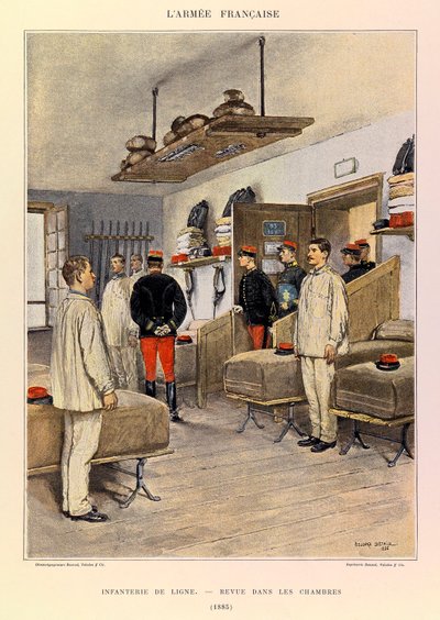 Typy a uniformy francouzské armády kapitána Julese Richarda, ilustrované Edouardem Detaillem (1848-1912): Řádová pěchota: Revue dans les Chambers en 1885, Soukromá sbírka od Jean Baptiste Edouard Detaille