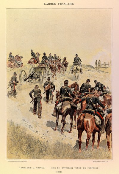 Typy a uniformy francouzské armády kapitána Julese Richarda, ilustrované Edouardem Detaillem (1848-1912): Dělostřelectvo na koni; Baterie; Polní šaty z roku 1887, soukromá sbírka od Jean Baptiste Edouard Detaille