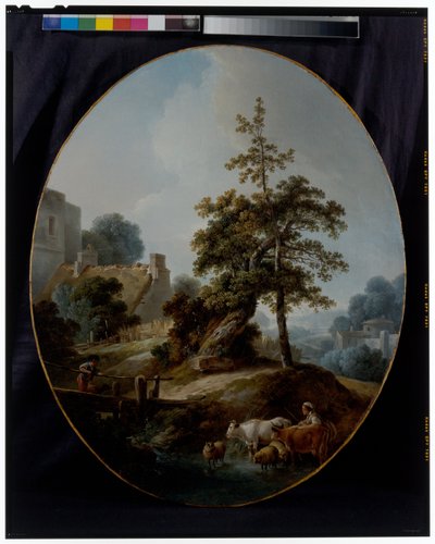 Landschaft mit einem Jungen und einer Schäferin mit Kühen und Schafen von Jean-Baptiste Huet