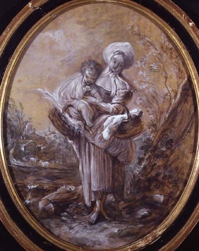 Frau mit Kind in einer Landschaft (Zeichnung) von Jean Baptiste Huet