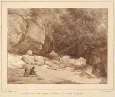 Soutok dvou bystřin, které tvoří vodopád Grésy od Jean-Baptiste Isabey
